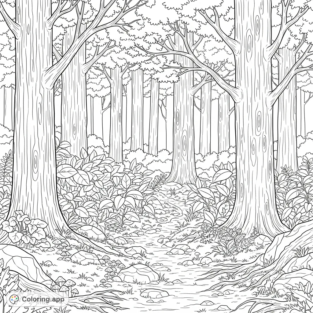 Explore a peaceful forest coloring page with towering trees, dense foliage, and a winding path. Perfect for nature lovers and a great free printable coloring page.