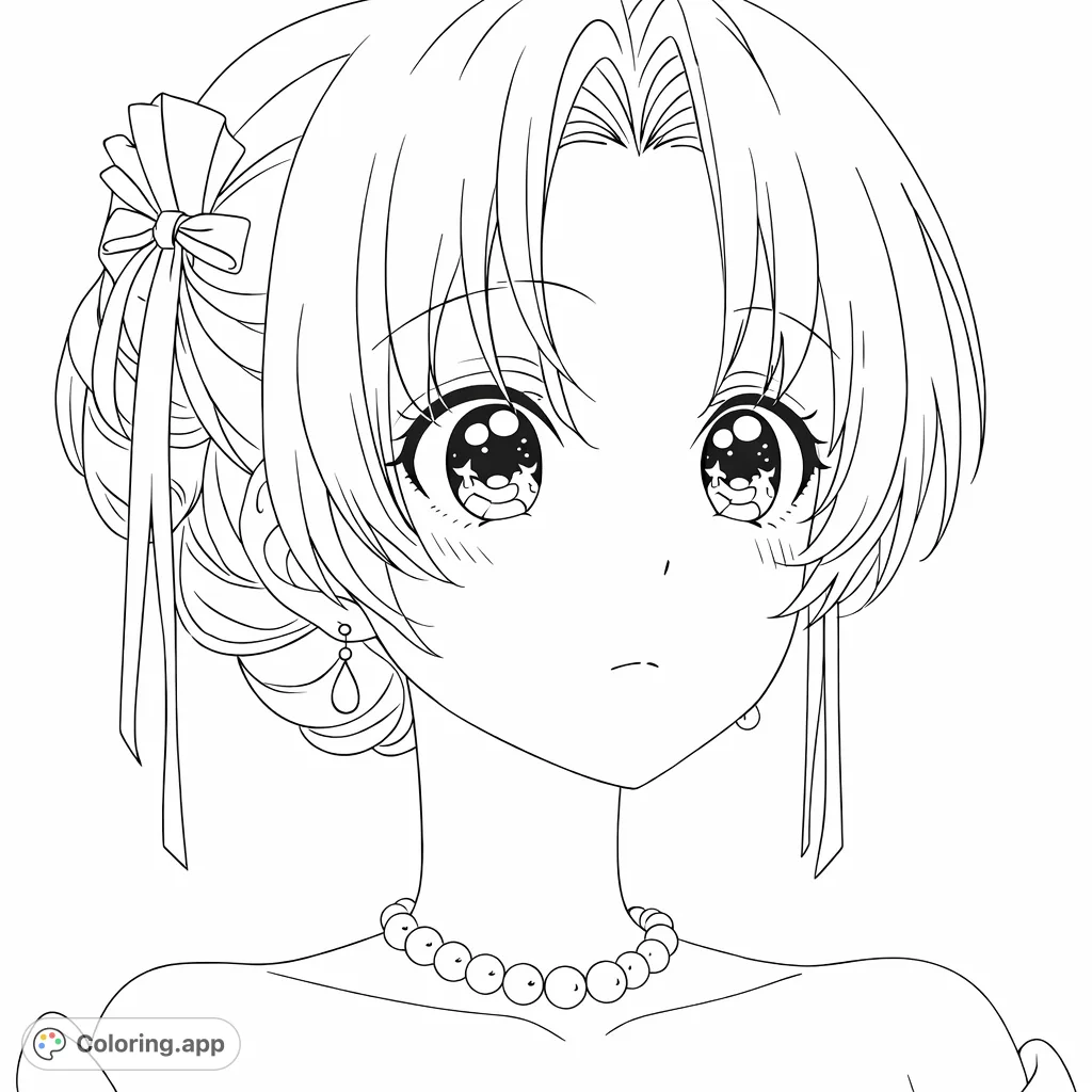 An elegant anime girl portrait featuring a sophisticated hairstyle, pearl necklace, and expressive eyes, perfect for detailed coloring and anime enthusiasts.