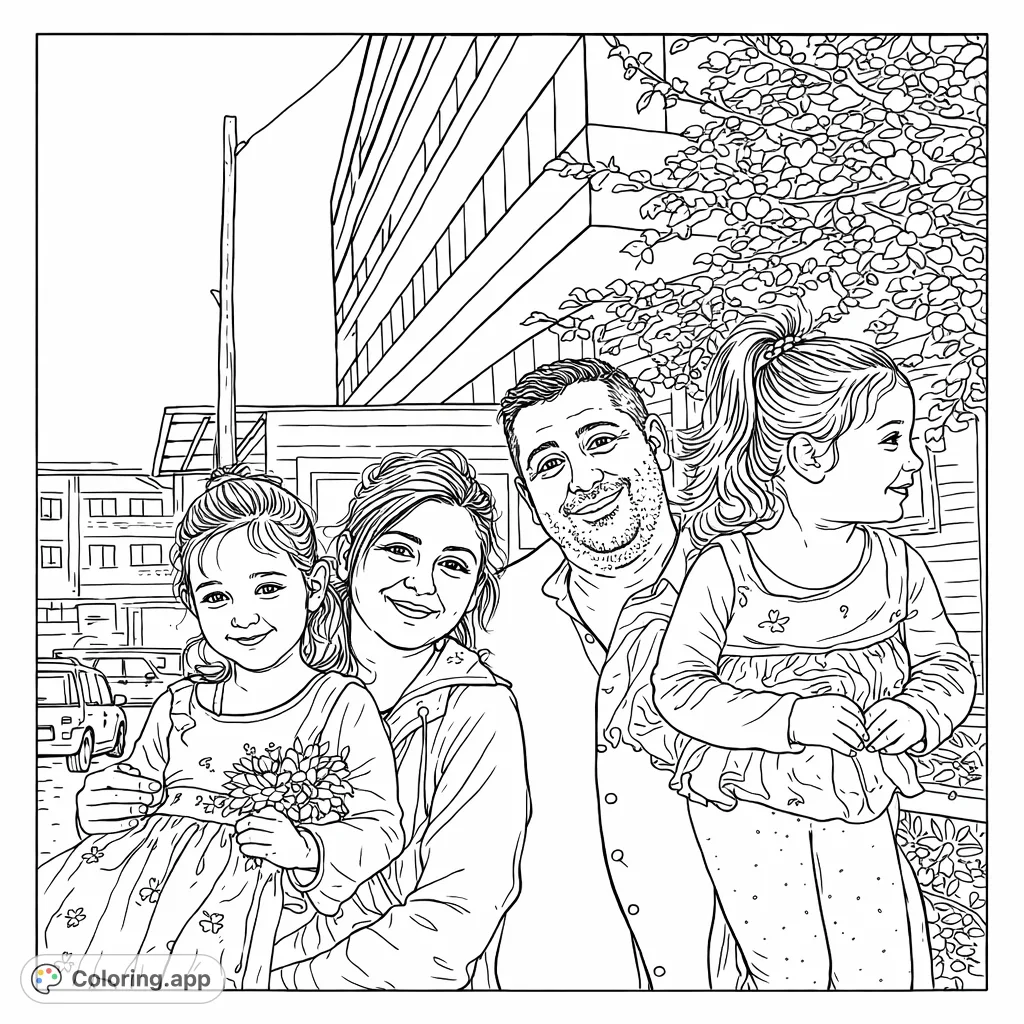 A joyful family portrait featuring two adults and two young girls outdoors. Capture their smiles and the bustling urban background, perfect for creative coloring.