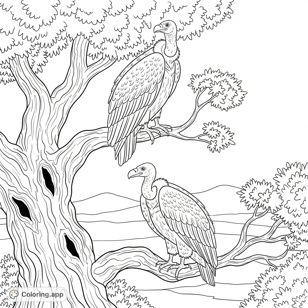 Discover a detailed vulture tree coloring page featuring two majestic birds perched on a gnarled tree amidst a desolate landscape. A free printable wildlife adventure.
