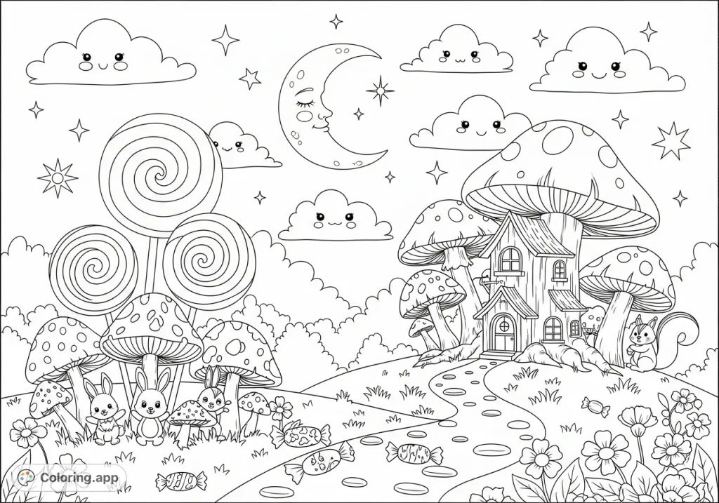 Embark on a creative journey through a whimsical landscape featuring a grand treehouse, smiling clouds, and friendly forest creatures. A delightful scene for kids.