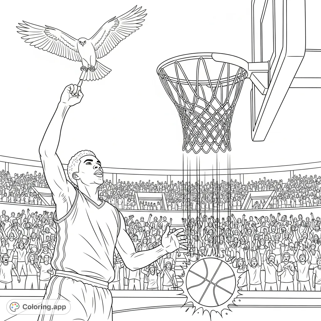 Experience the thrilling moment as biracial Matthew Miller scores the winning shot, celebrated by an ecstatic crowd and a soaring hawk. A dynamic sports scene.
