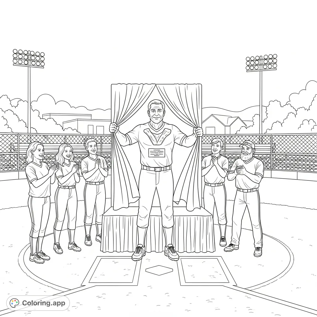 Celebrate a softball legend's Hall of Fame induction. An athletic male unveils his statue bust on a small-town field, surrounded by admiring teammates and friends.