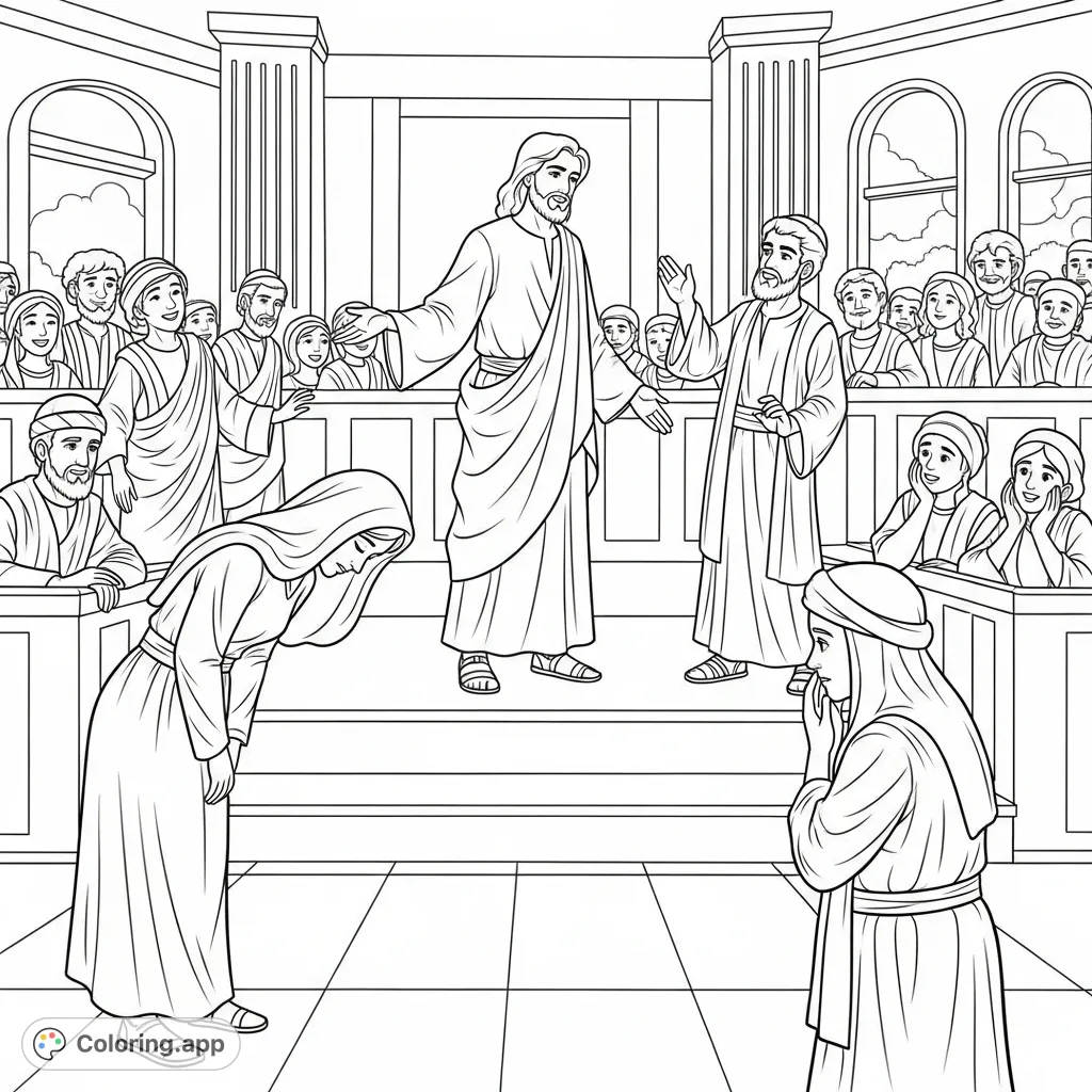 Experience a detailed Sabbath synagogue teaching coloring page, depicting Jesus addressing a congregation with a dramatic encounter and diverse reactions.