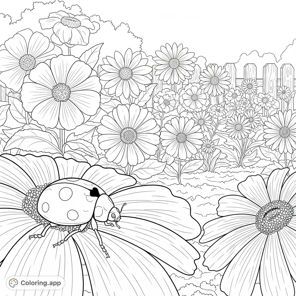 Explore a charming farm garden alive with beautiful flowers and a friendly ladybug. A delightful nature scene for creative coloring.