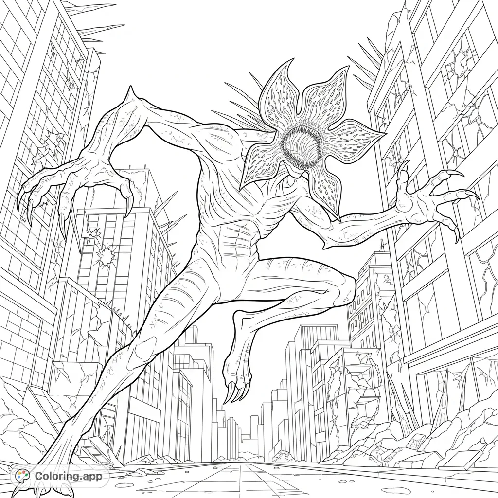 A detailed Demogorgon coloring page capturing the creature mid-leap in a derelict cityscape, perfect for fans seeking a challenging design. Free printable coloring page.