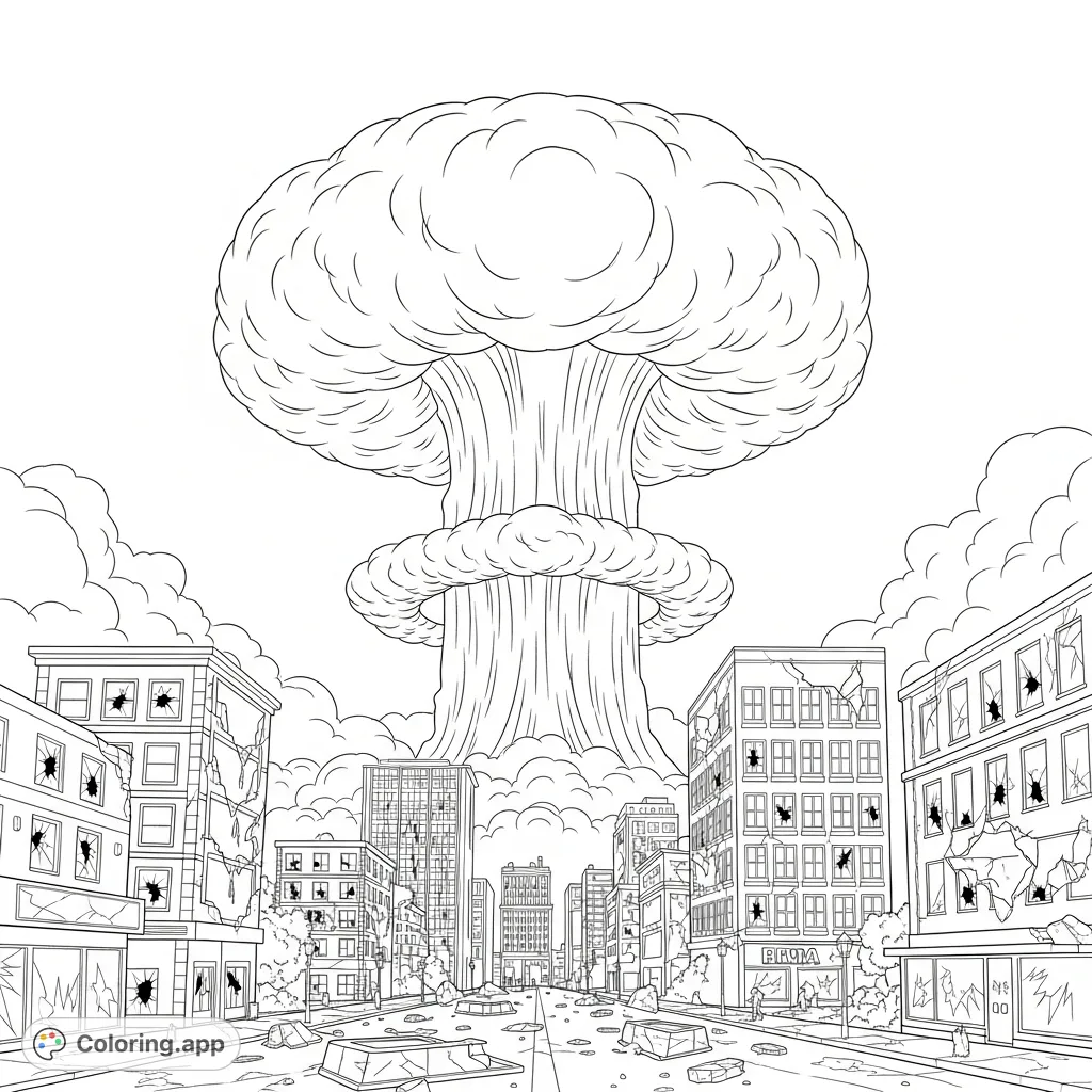 A powerful mushroom cloud looms over a devastated dystopian cityscape. Explore crumbling buildings and widespread destruction in this intense adult coloring page.