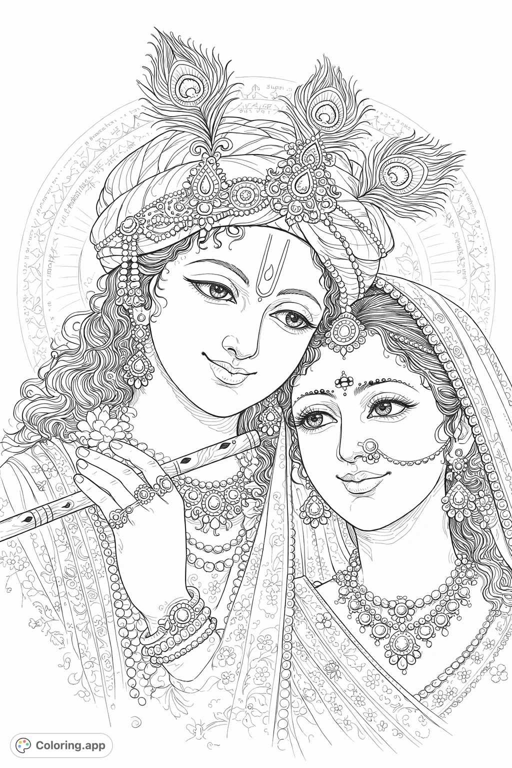 A beautiful coloring page depicting Radha and Krishna in a loving embrace, adorned with elaborate jewelry and traditional attire, set against an ethereal background.