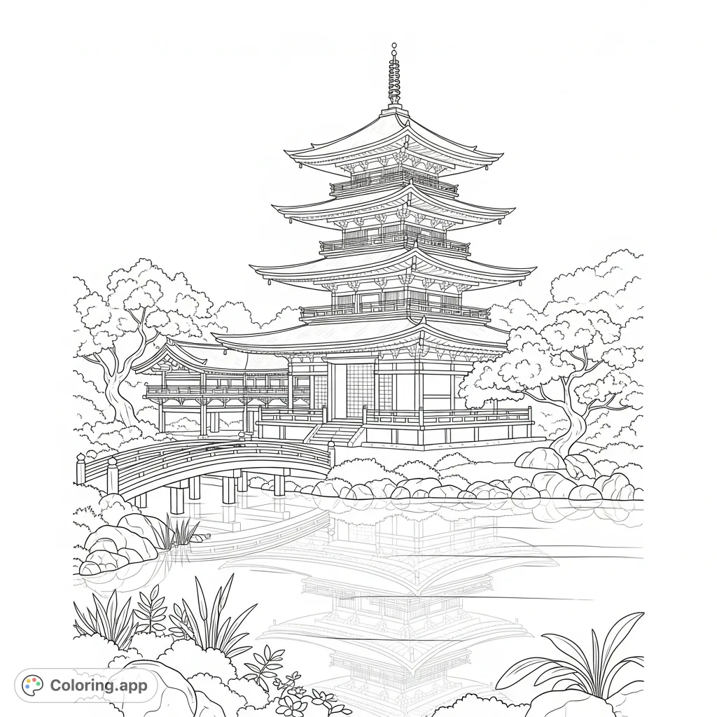 Discover a tranquil Japanese temple with three-tiered roofs, a reflective lake, and an elegant bridge, perfect for a peaceful coloring experience.