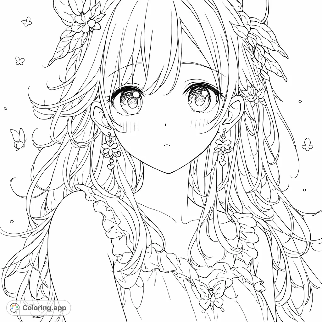 Color a charming anime girl with flowing hair adorned with delicate flowers and leaves, surrounded by fluttering butterflies. A delightful page for anime fans.