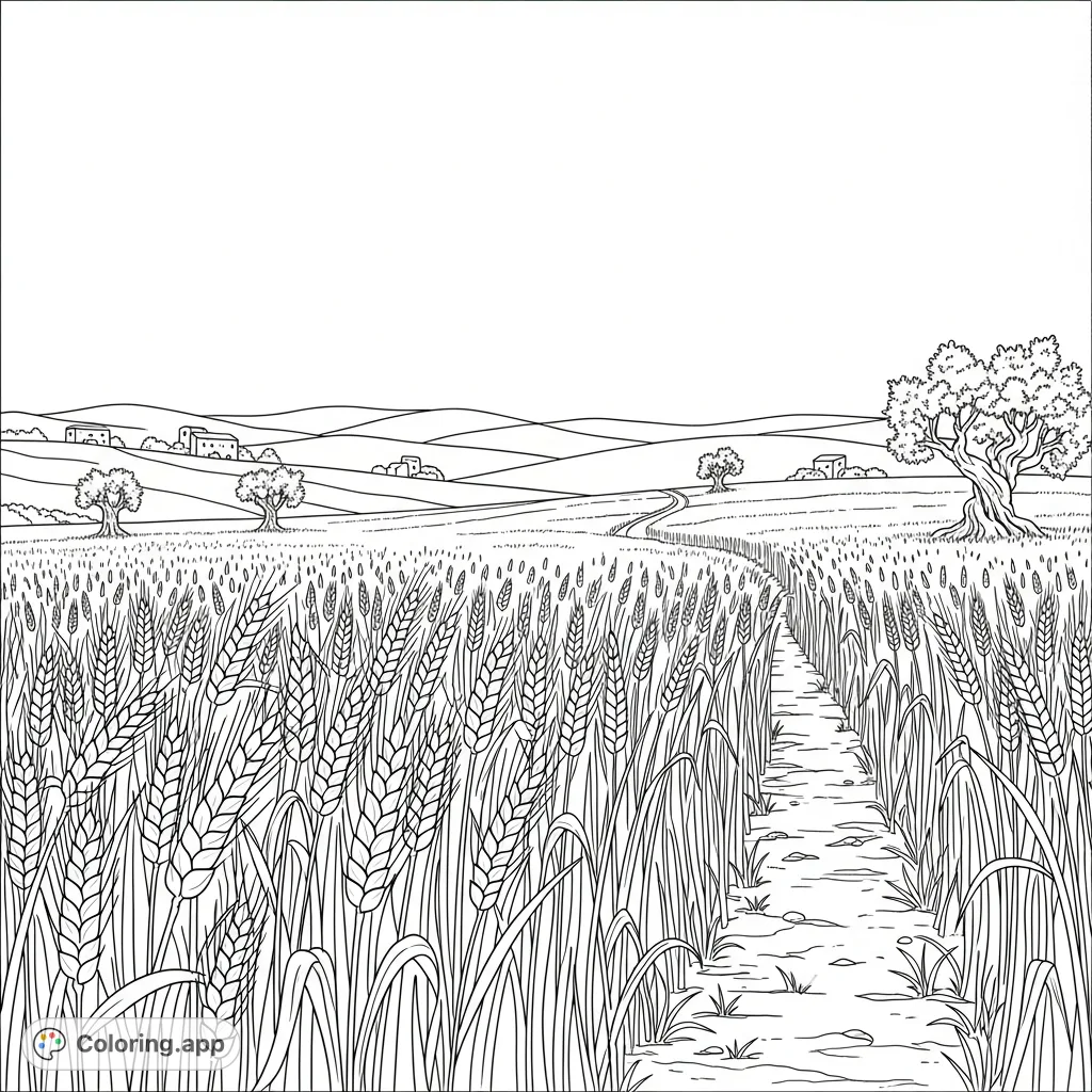 Explore a serene ancient wheat field from biblical times, featuring ripe stalks, distant hills, and rustic charm. A peaceful scene ready for your creative touch.
