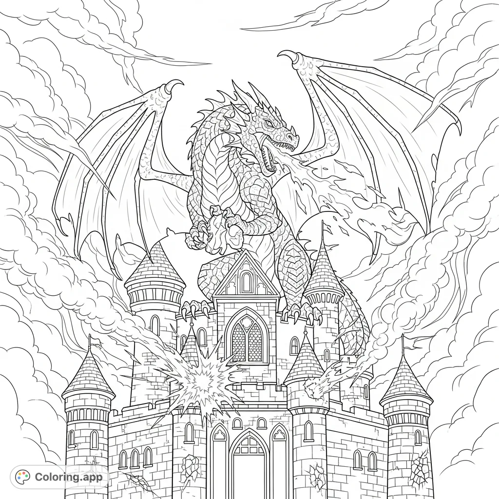 A magnificent fantasy dragon breathes fire and devours an object atop a majestic castle, featuring intricate scales and detailed architecture for coloring.