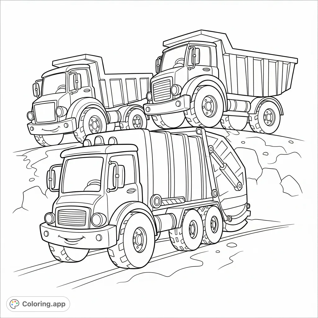 A fun cartoon garbage truck and dump truck at work, perfect for vehicle enthusiasts. This free printable coloring page is great for kids learning about community helpers.