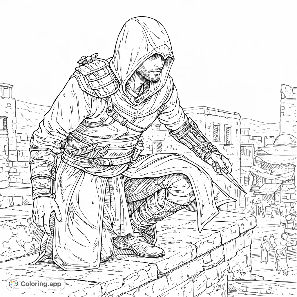 Crouching high above an ancient city, a cloaked figure observes the landscape. This detailed assassin coloring page invites you to bring an epic adventure to life.