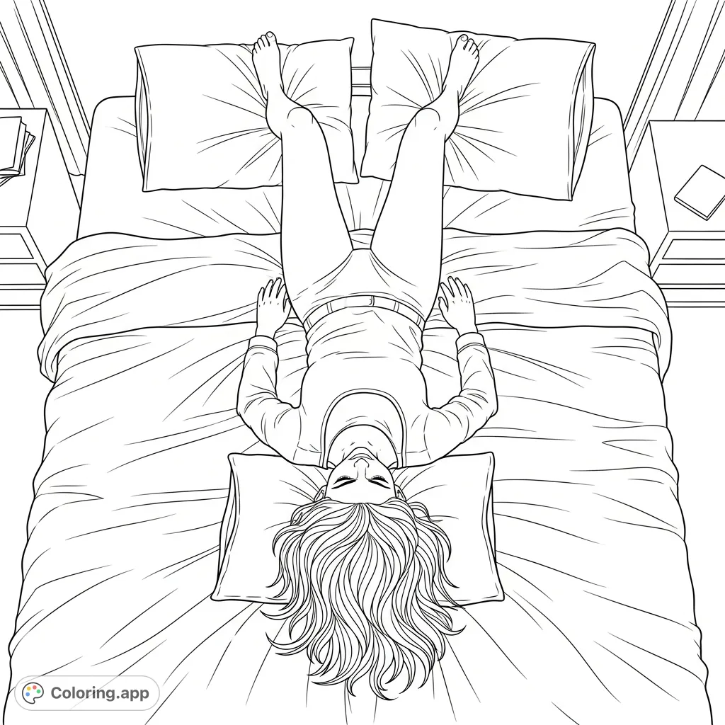 A detailed coloring page depicting a woman lying on a bed in an open pose, emphasizing realistic human form and serene bedroom textures. Explore intricate details.