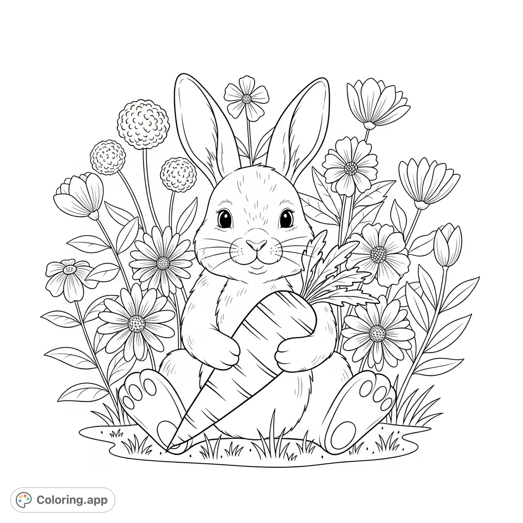 A charming bunny holding a carrot, nestled amongst beautiful blooming flowers. This delightful scene is perfect for animal lovers and offers a sweet, engaging coloring experience.