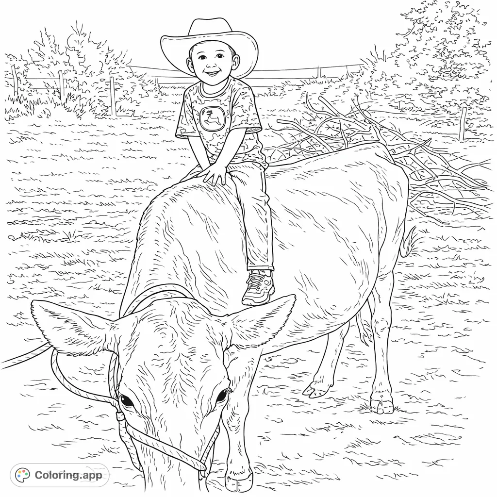 A joyful child in a cowboy hat rides a friendly cow in a charming farm scene, perfect for a fun, adventurous coloring experience.