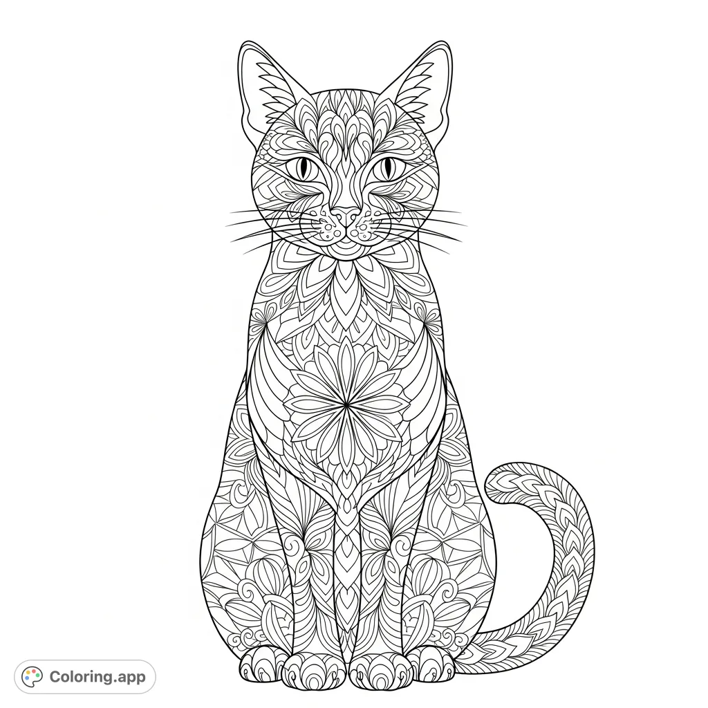 An intricate geometric cat coloring page featuring a serene feline composed entirely of repeating floral and geometric patterns, perfect for detailed coloring.