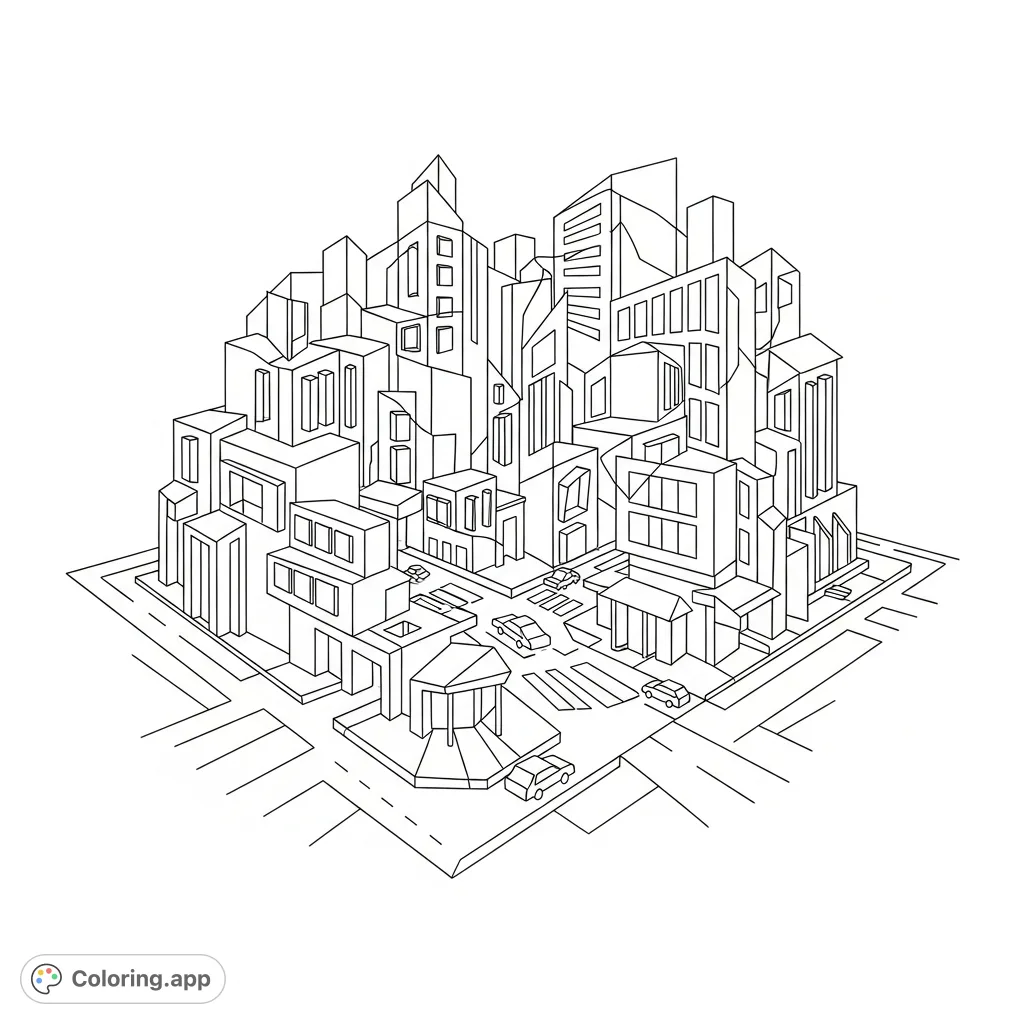 Explore a fascinating cubist cityscape coloring page, featuring angular buildings and overlapping geometric forms, offering a unique artistic challenge.