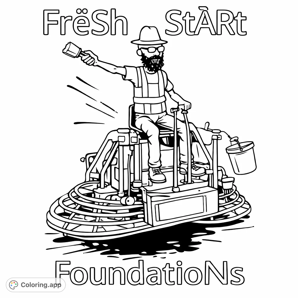 A unique skeleton character, sporting a fedora and beard, operates a detailed power trowel, ready to build and create. A quirky construction scene.