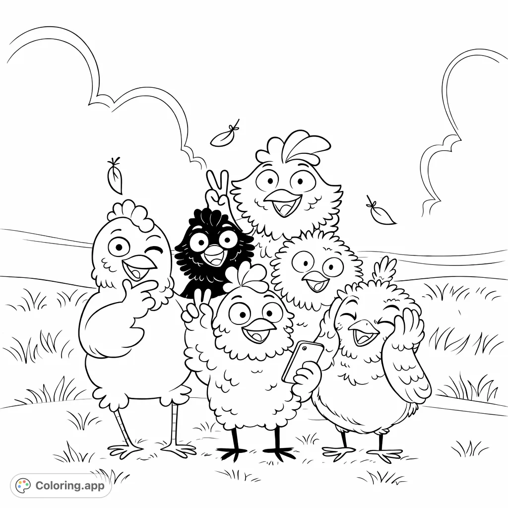 Join six expressive fowl friends striking playful poses for a group picture. A delightful farm animal scene perfect for creative coloring fun!