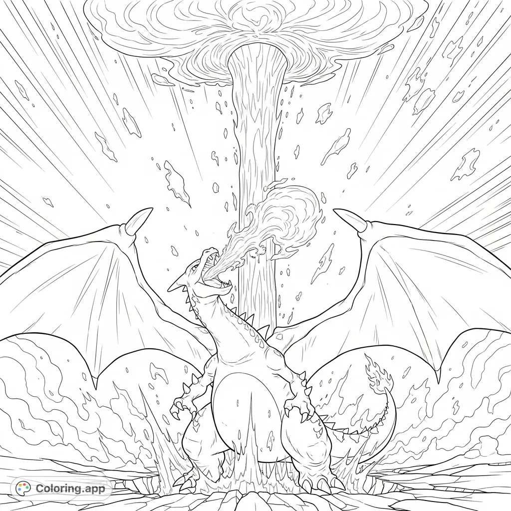 Witness a colossal Vmax Charizard with widespread wings, unleashing a powerful Gmax Wildfire attack, amidst fractured ground and radiating energy. An epic Pokemon scene!