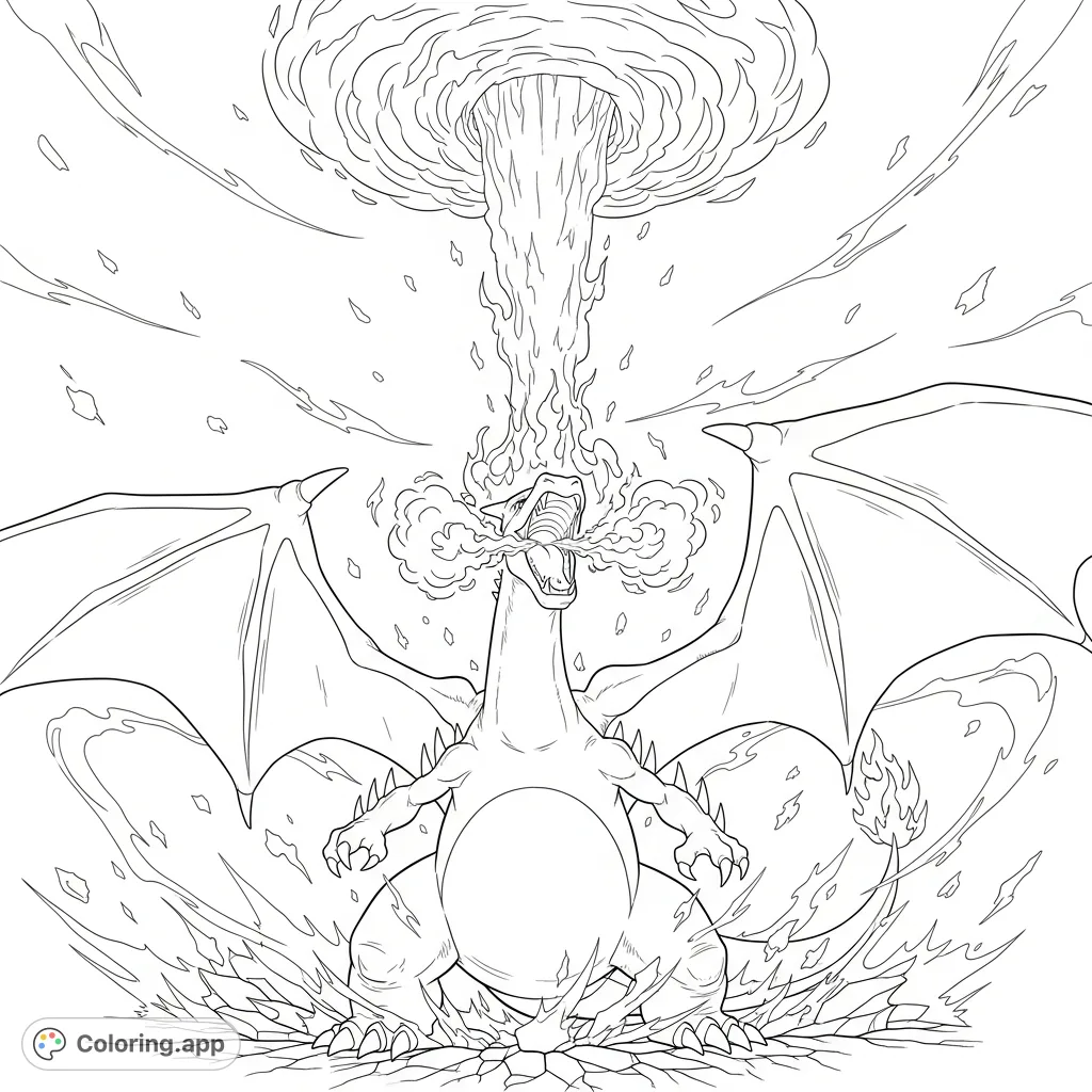 Experience the might of a colossal Vmax Charizard, wings spread, unleashing a towering Gmax Wildfire. Intricate scales and fractured ground await your creative touch.