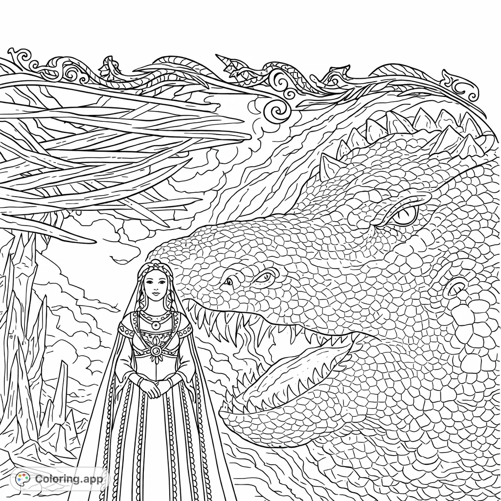 A majestic figure rides a colossal, scaled dragon through swirling skies, framed by an ornate dragon-themed border. An epic fantasy adventure awaits your creative touch.