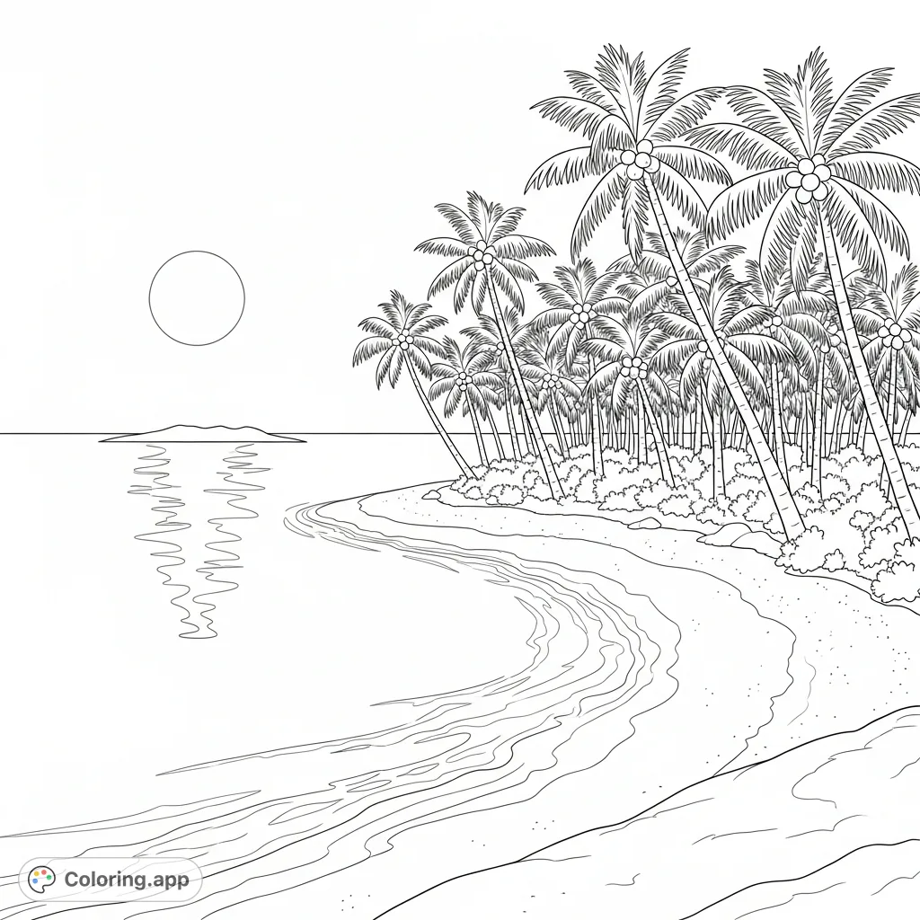 Escape to a serene tropical island with swaying palm trees, a calm ocean, and a distant islet. This detailed scene offers a relaxing coloring experience for all.
