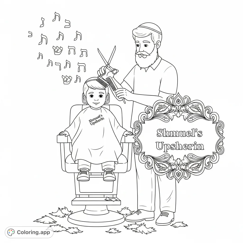 Celebrate a milestone with this Upsherin coloring page. A young boy receives his first haircut from his father, surrounded by Hebrew letters and a special banner.
