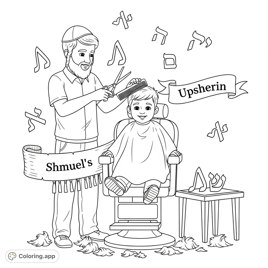 Capture Sholom's first haircut with his Chabad dad, featuring floating Hebrew letters and a 'Sholom's Upsherin' banner. A sweet, meaningful scene.