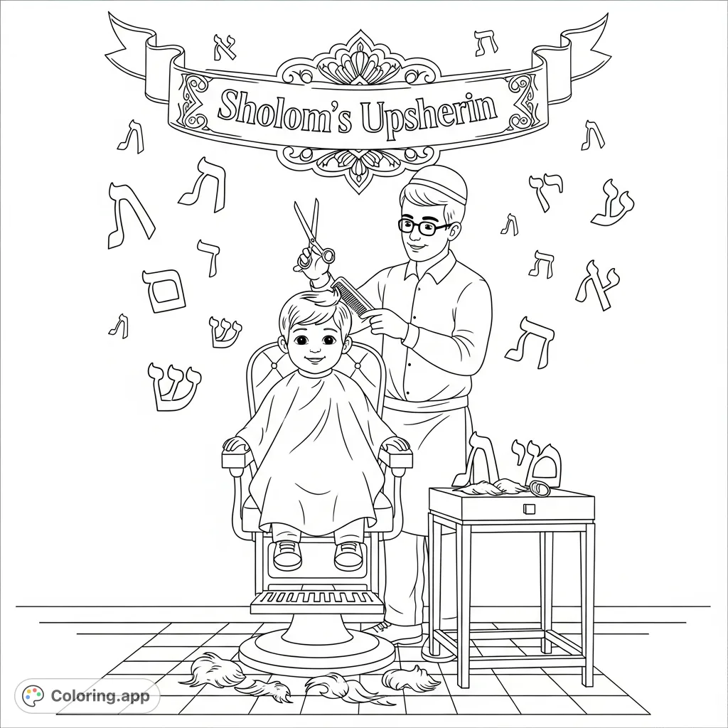 Celebrate a special milestone with this charming 'Sholom's Upsherin' coloring page, depicting a boy's first haircut with Hebrew Aleph Beis letters.