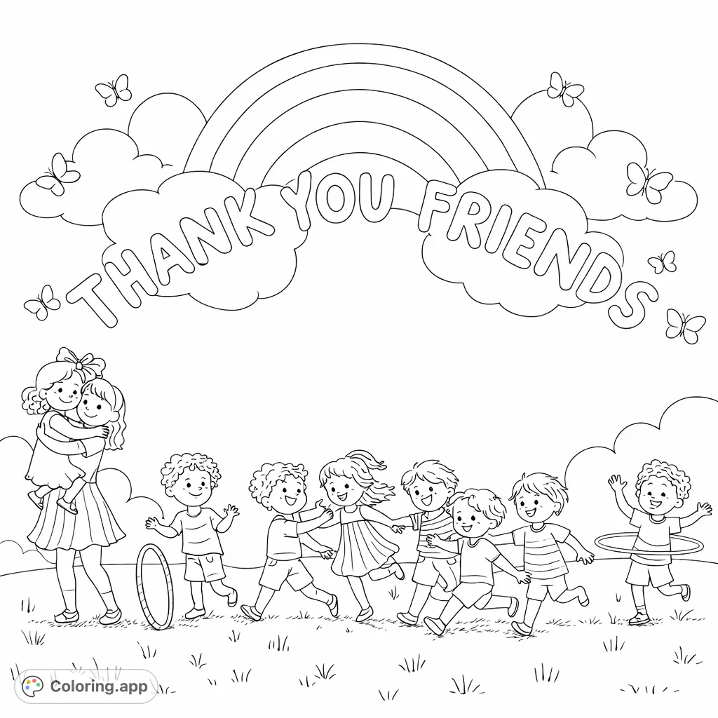 A delightful scene of children playing together under a festive rainbow and sky, perfect for celebrating friendship and fun with a heartwarming message.