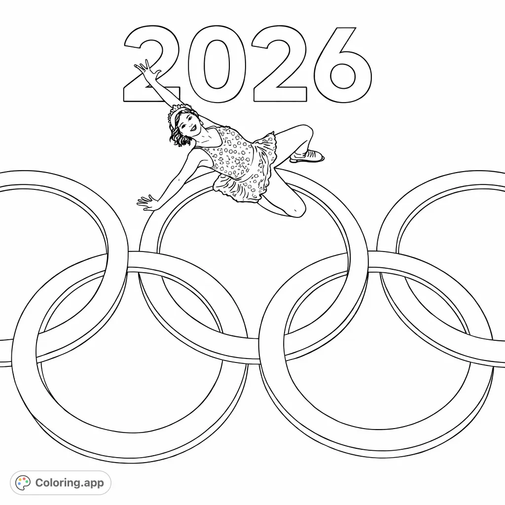 Capture the grace of a figure skater performing over the iconic Olympic rings and the year '2026' on a textured ice rink. A dynamic sports scene.