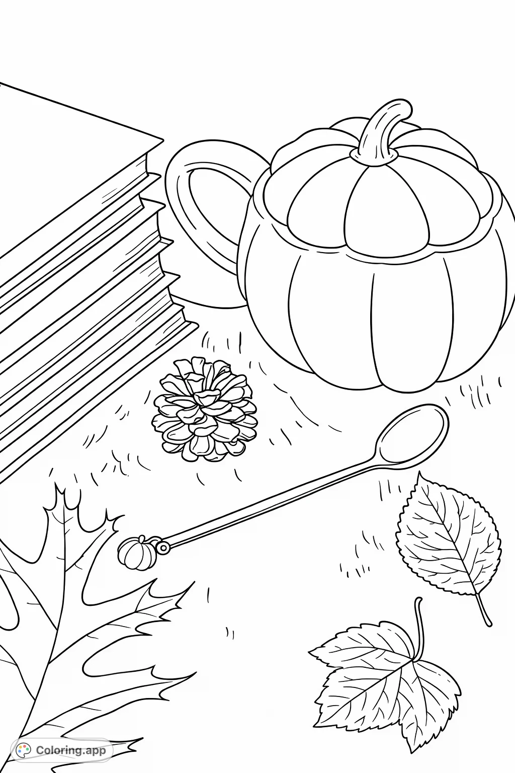 Explore a cozy autumn scene featuring a pumpkin mug, stack of books, and scattered leaves. Perfect for fall-themed relaxation and creative expression.