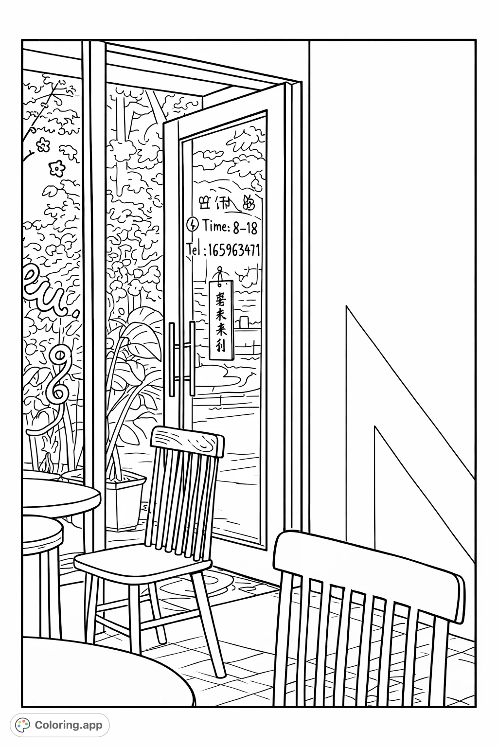 Step into a cozy cafe with this inviting coloring page. Featuring wooden chairs, a glass door, lush outdoor foliage, and sunlit interiors.