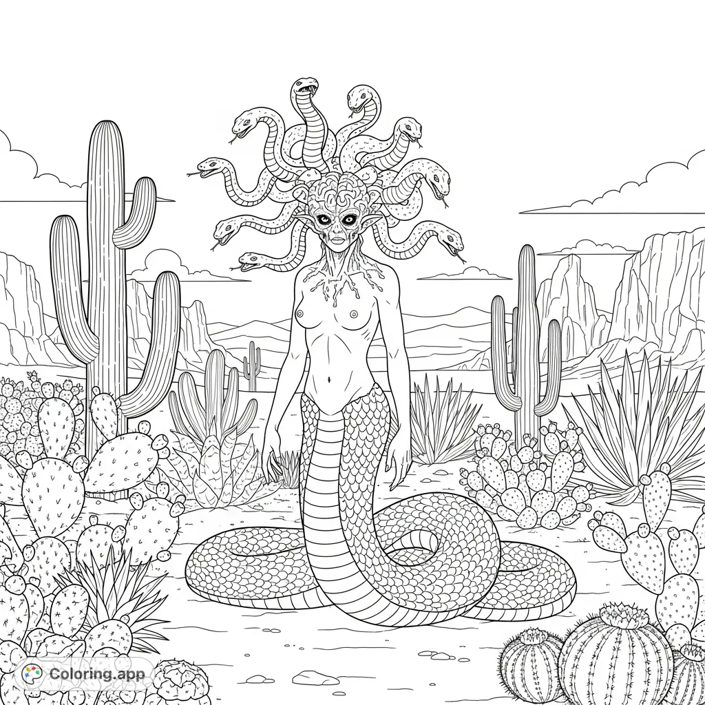 An eerie mutant gorgon with snake hair and brainrot details stands in a detailed desert cactus garden. A unique and challenging coloring experience.