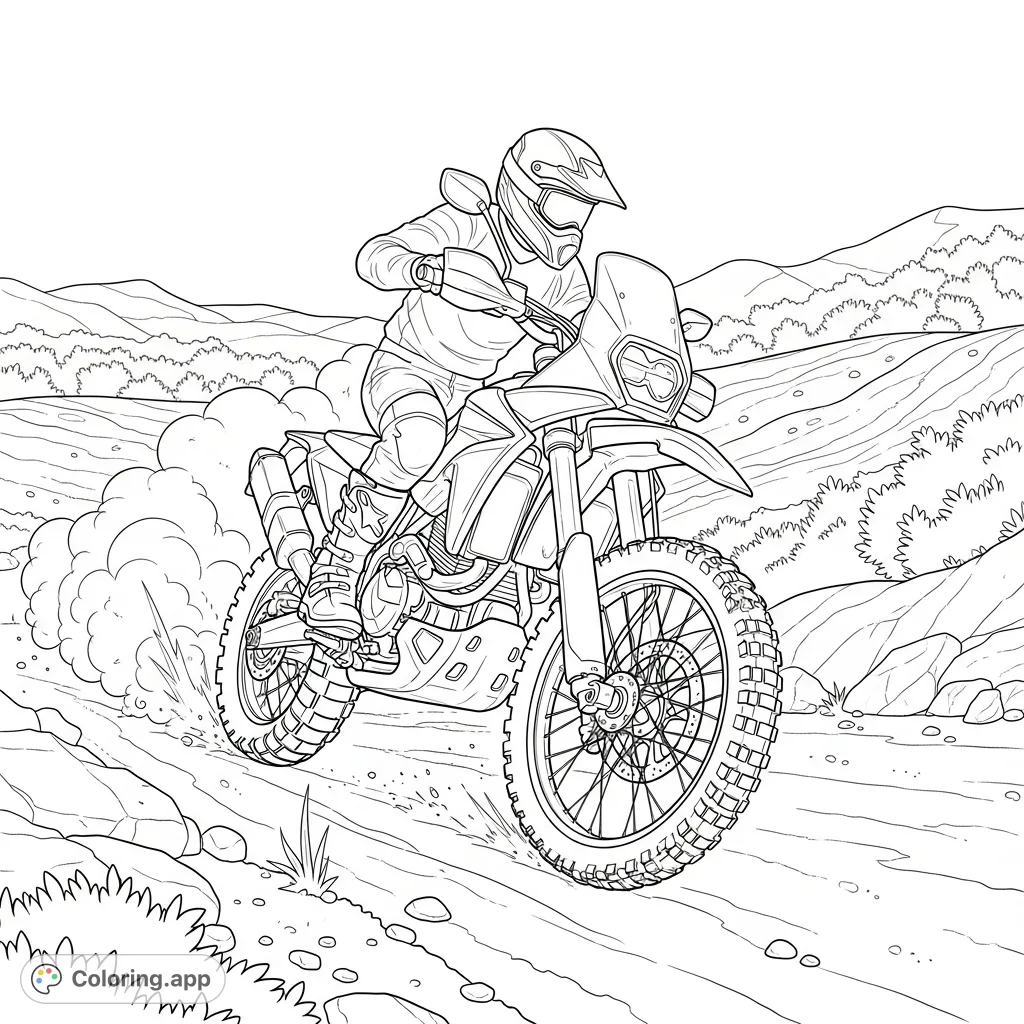 Experience the thrill of an off-road motorcycle in action. This detailed page features a powerful bike navigating challenging terrain.