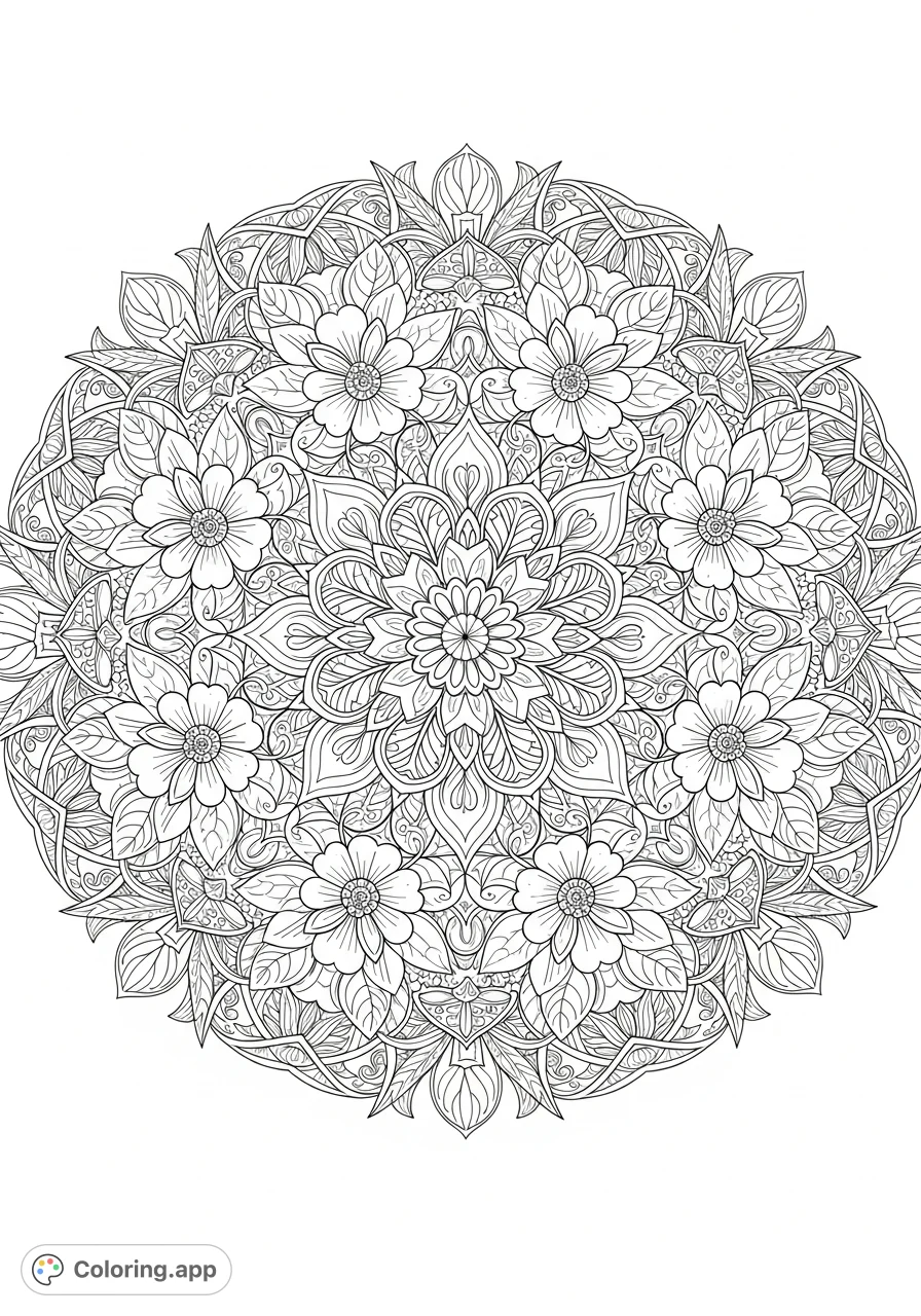 Discover an intricate circular mandala coloring page featuring layers of blooming flowers, swirling leaves, seed pods, and detailed geometric patterns. A symmetrical, captivating design for mindful coloring.