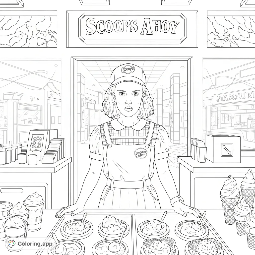 Dive into the 80s with this Stranger Things coloring page! Eleven sports her Scoops Ahoy uniform at Starcourt Mall, surrounded by ice cream. Perfect for fans.