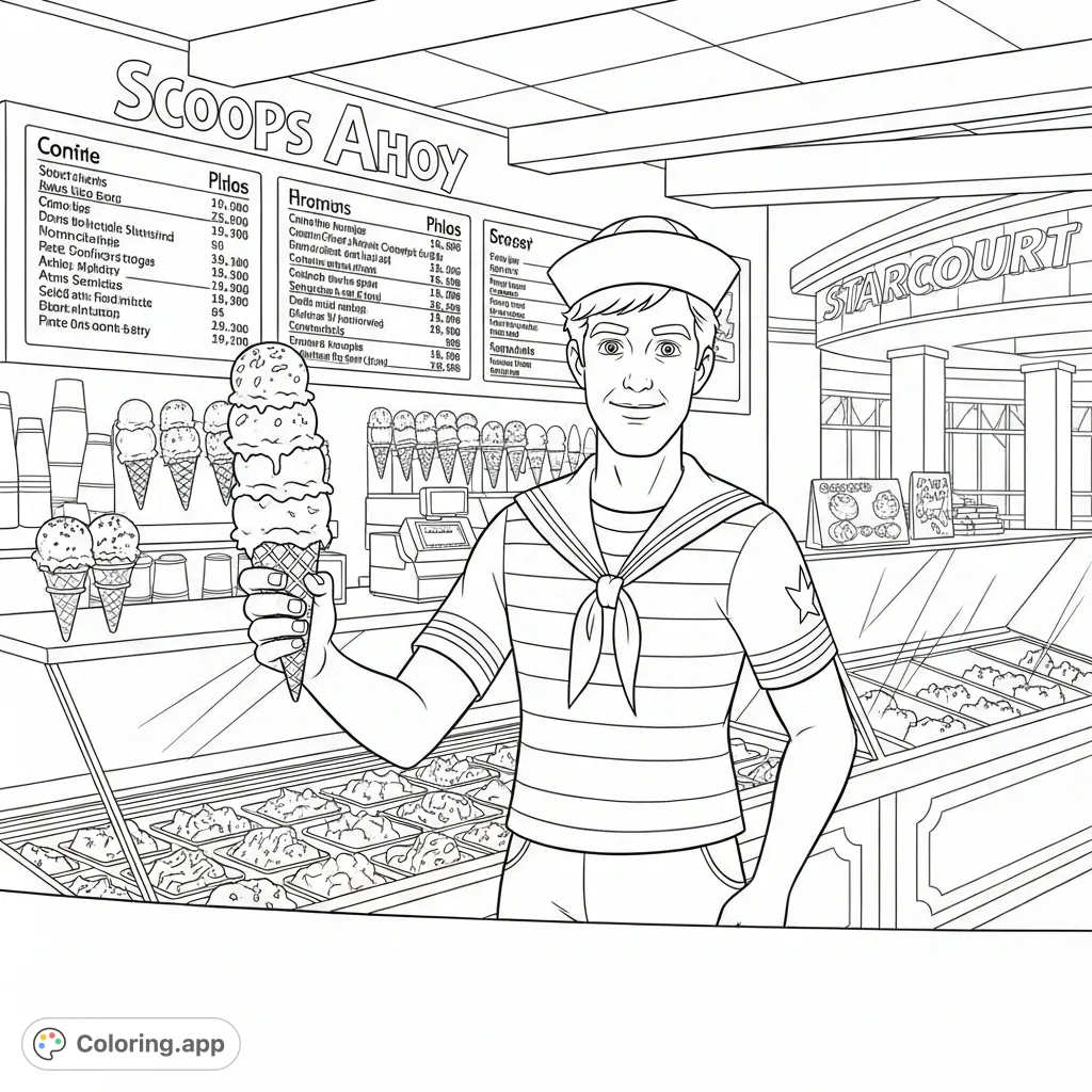 Join Steve Harrington at Scoops Ahoy in Starcourt Mall! This Stranger Things coloring page features Steve in his iconic uniform, holding a delicious ice cream cone.