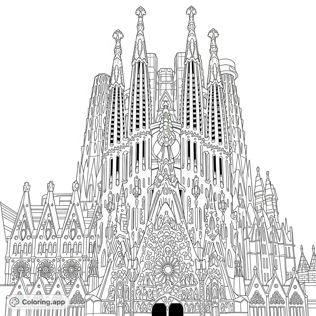 Explore the intricate architectural details of Gaudi's Sagrada Familia. A complex design with organic forms, spires, and sculptural elements awaits your artistic touch.