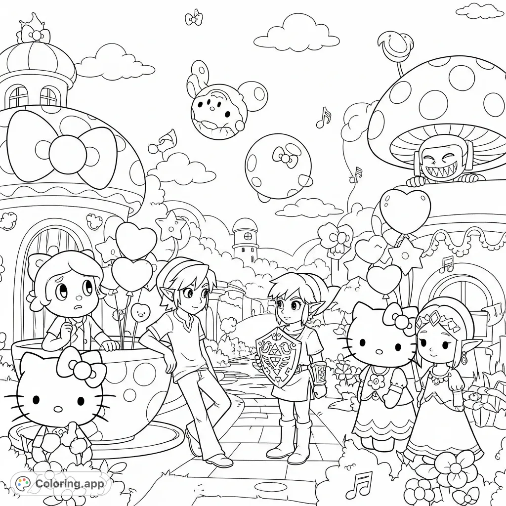 An enchanting crossover coloring page featuring Digital Circus and Legends of Zelda characters exploring a delightful Hello Kitty themed world. Perfect for fans!