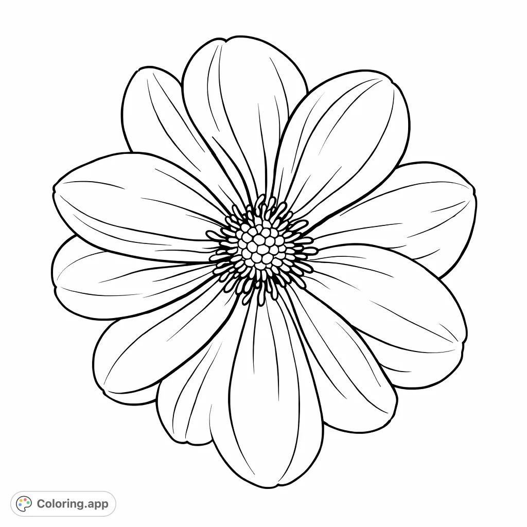 Discover the intricate beauty of a dahlia flower with layered petals and a detailed center. A perfect botanical coloring page for all flower enthusiasts.