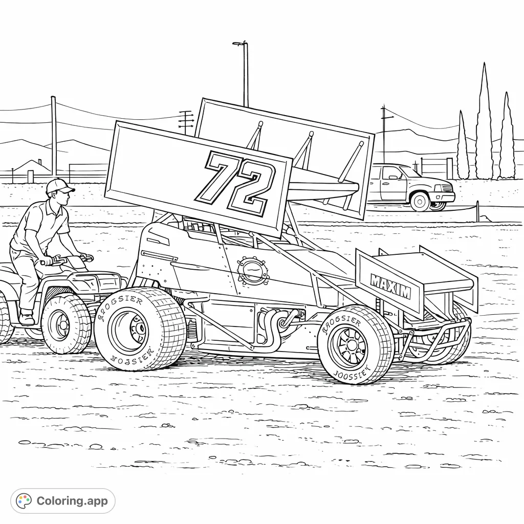 A thrilling dirt track scene features a powerful sprint car with number 72 and a person on an ATV, ready for action. Perfect for racing fans!
