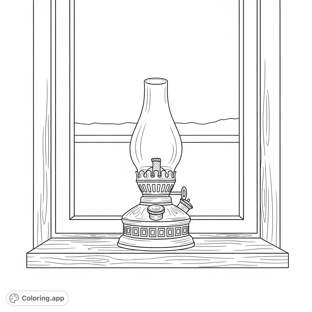 Discover a vintage kerosene lamp coloring page, perfect for all ages. Features a detailed lamp on a windowsill, overlooking a tranquil outdoor view.