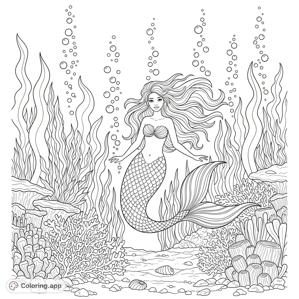 Dive into an enchanting fantasy mermaid coloring page. A graceful mermaid swims amidst a detailed coral reef and seaweed forest, surrounded by ascending bubbles and intricate marine life.