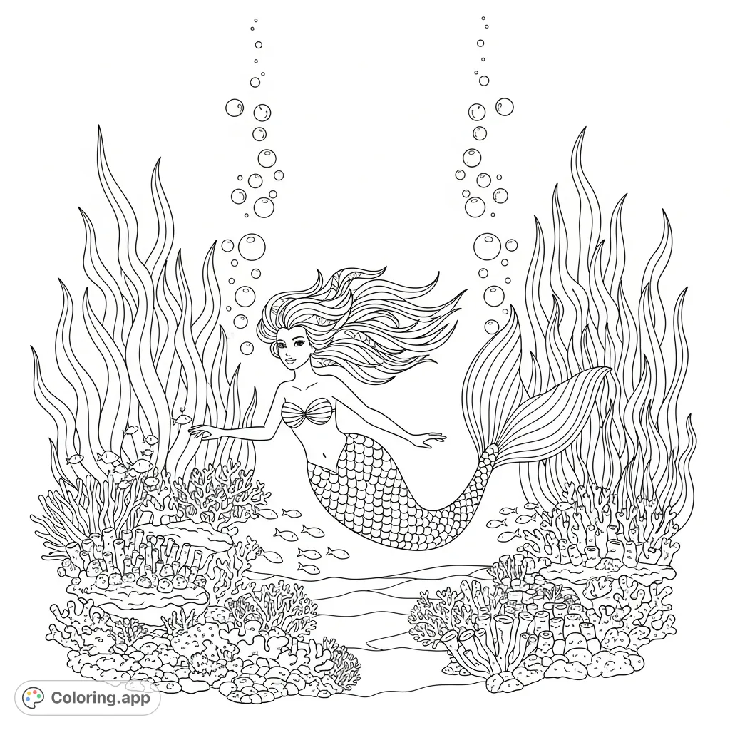 Dive into an enchanting fantasy mermaid coloring page! Explore a majestic mermaid surrounded by a vibrant coral reef, a dense seaweed forest, and ascending bubbles. A free printable coloring page perfect for all ages.
