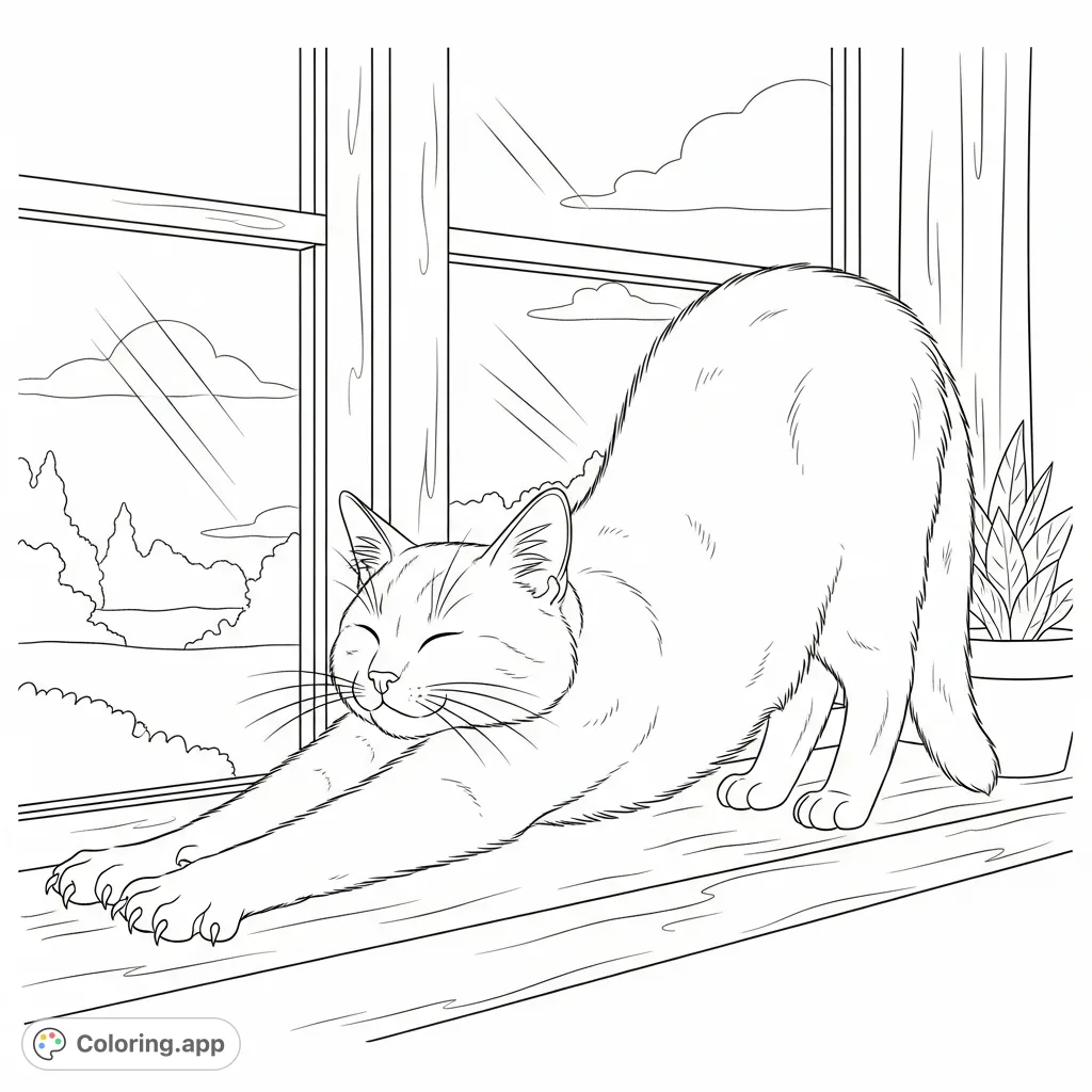 A peaceful coloring page featuring a sleepy cat stretching elegantly on a textured windowsill, with a serene outdoor view visible through the window.