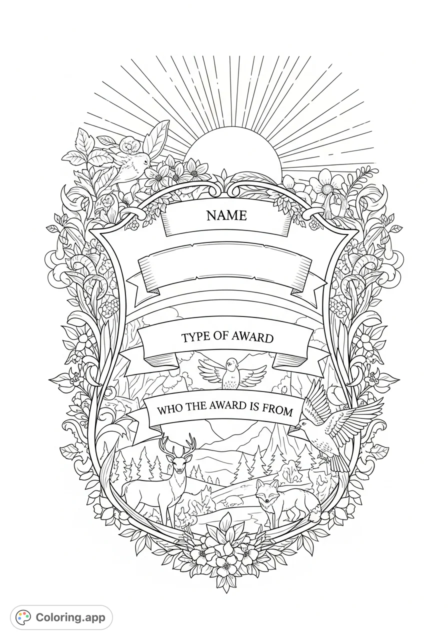 A beautiful nature-themed award plaque with sun, flowers, plants, and graceful animals. Features blank spaces for 'name', 'type of award', and 'who the award is from'.